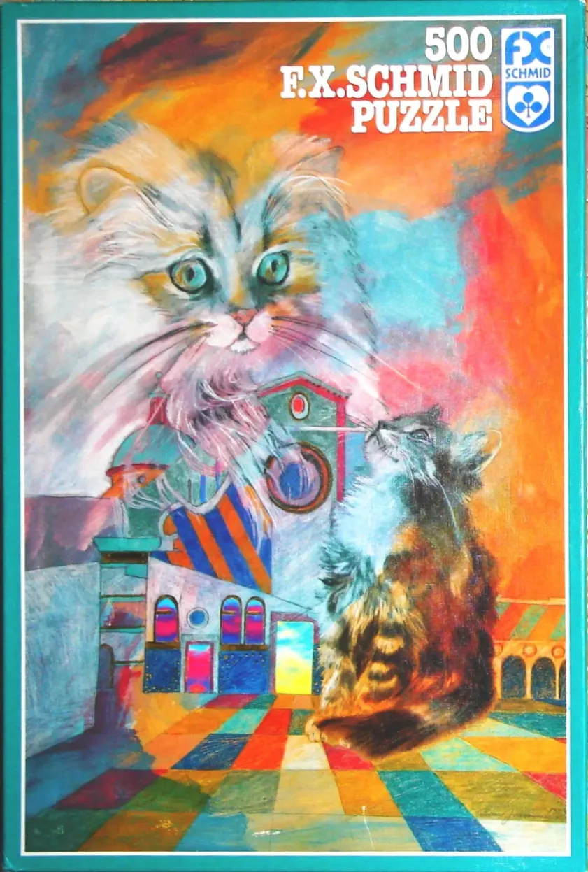 An expressionist painting of a large, ethereal cat face looming over a small kitten standing on a colorful tiled floor.