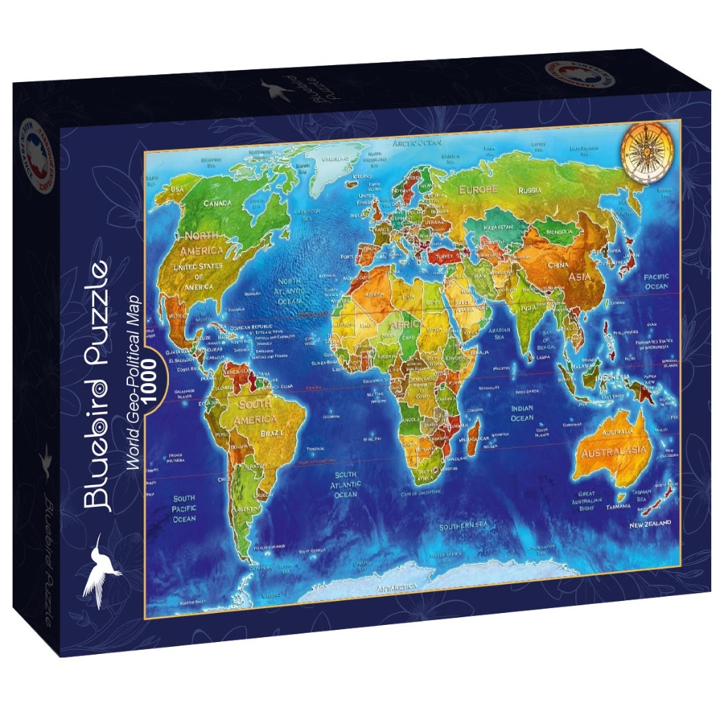 A detailed, colorful geo-political world map with a bright blue ocean background and a compass rose.