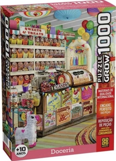 A vintage-style candy shop interior filled with jars of colorful sweets, a unicorn pinata, and old-fashioned posters.