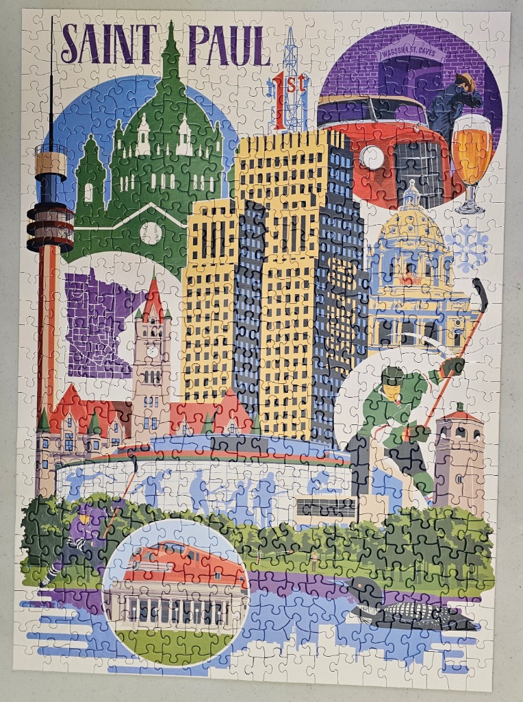 Saint Paul skyline with iconic buildings, hockey player, and beer glass.