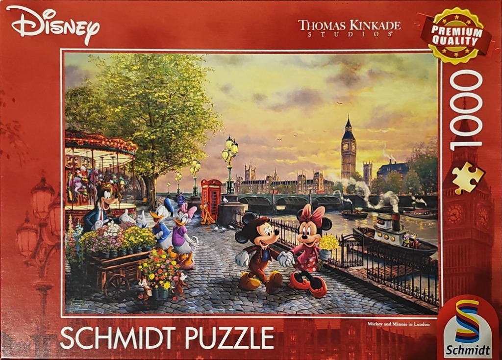 Mickey and Minnie Mouse walking along the Thames in London at sunset with a carousel and Big Ben in the background.