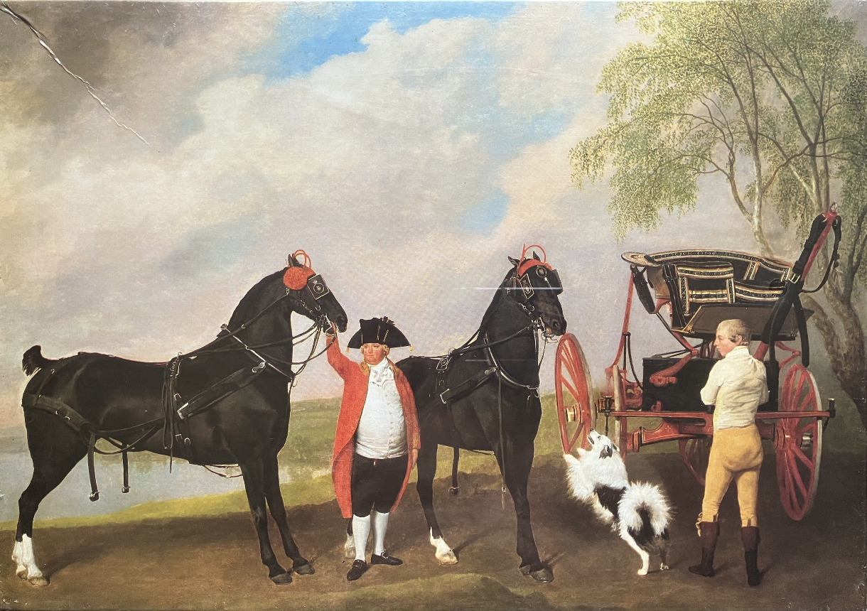 An 18th-century style painting of a coachman, two black horses, a carriage, and a small dog in a pastoral setting.