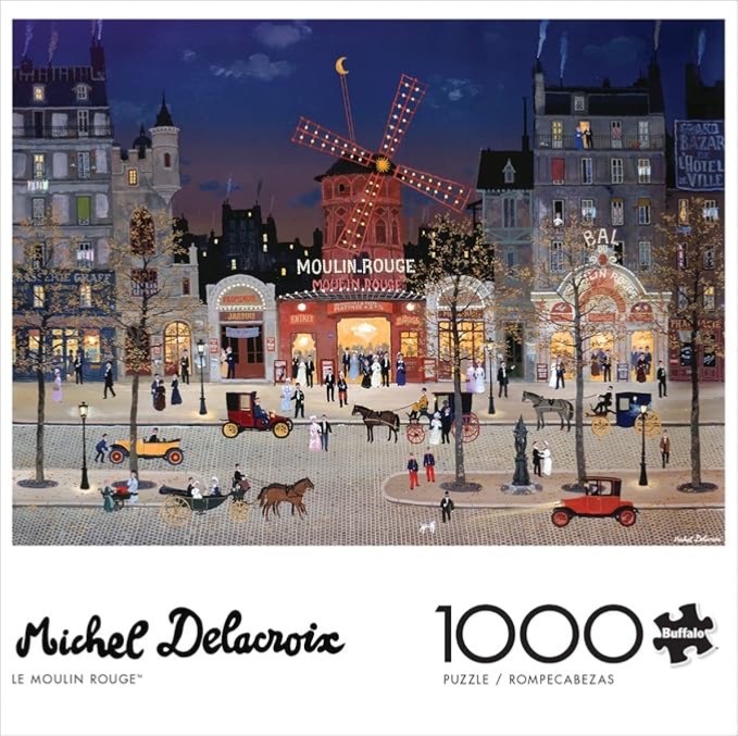 Illustration of the Moulin Rouge in Paris at night with horse-drawn carriages and figures on a cobblestone street.