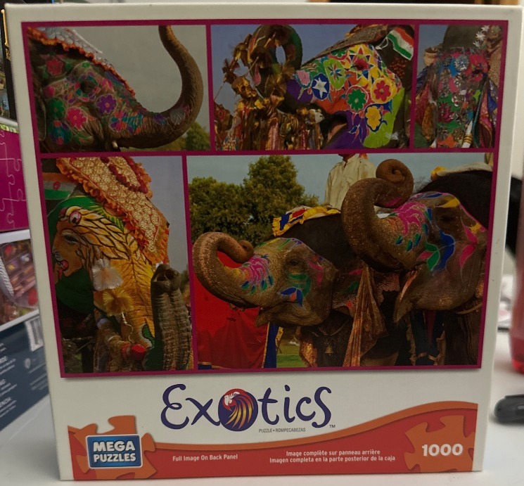 A collage of four photographs showing decorated Indian festival elephants with vibrant, intricate painted patterns.