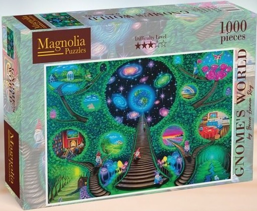 Surreal illustration of a central staircase leading to a galaxy surrounded by gnome-themed portals in a green forest.