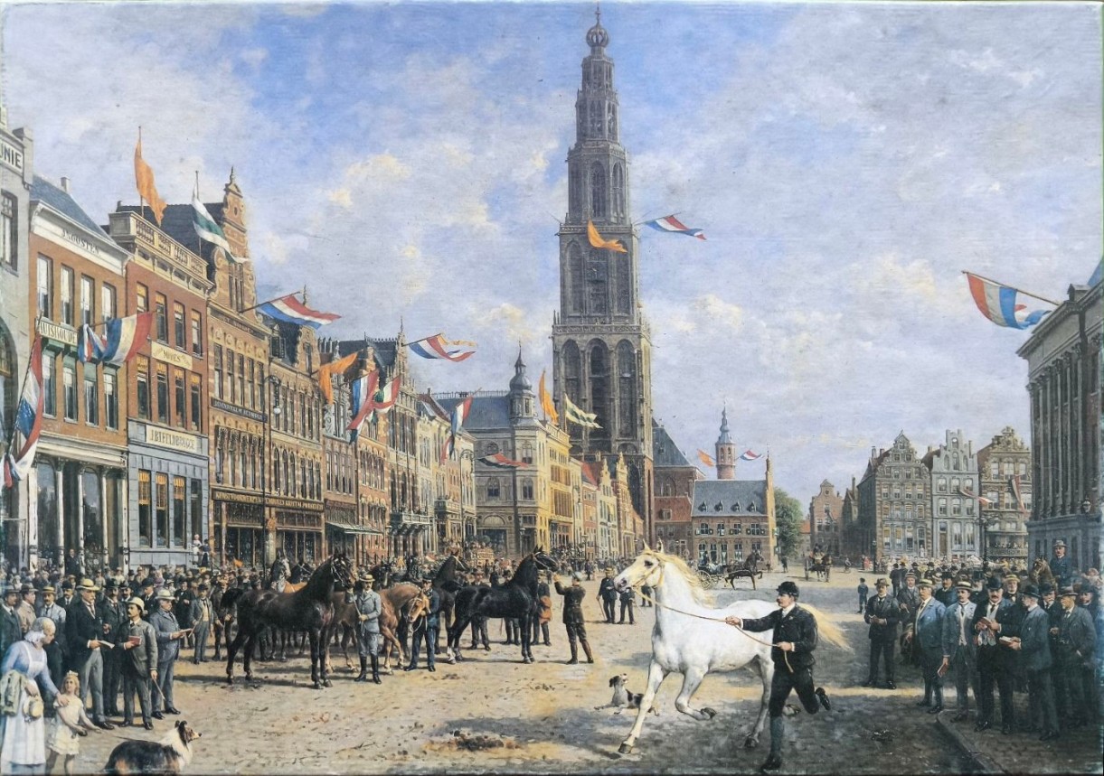 An oil painting of a busy Dutch town square featuring a tall historic tower, horses, and crowds under a blue sky.