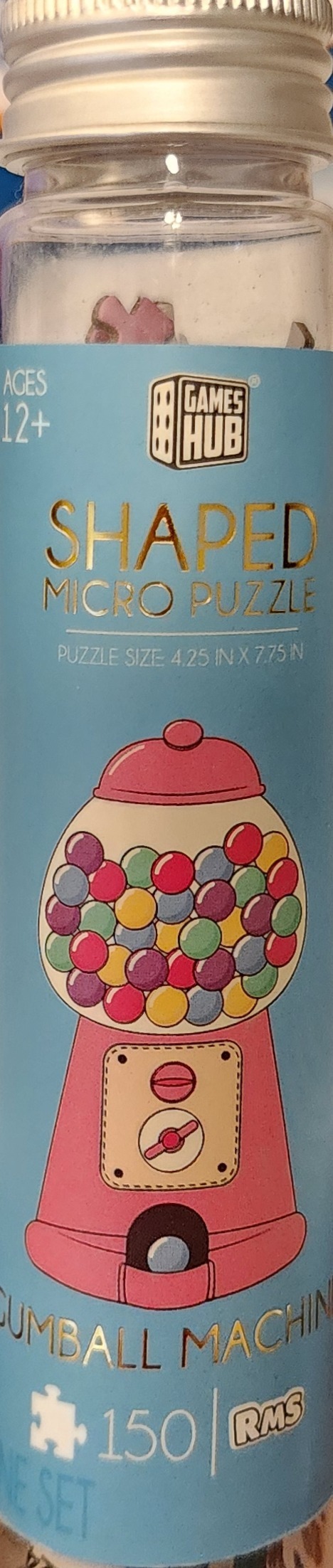 Illustration of a pink vintage-style gumball machine filled with colorful gumballs against a light blue background.