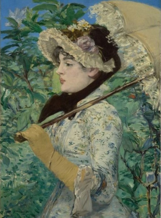 A profile portrait of a woman in a floral dress and lace-trimmed hat holding a parasol in a garden.