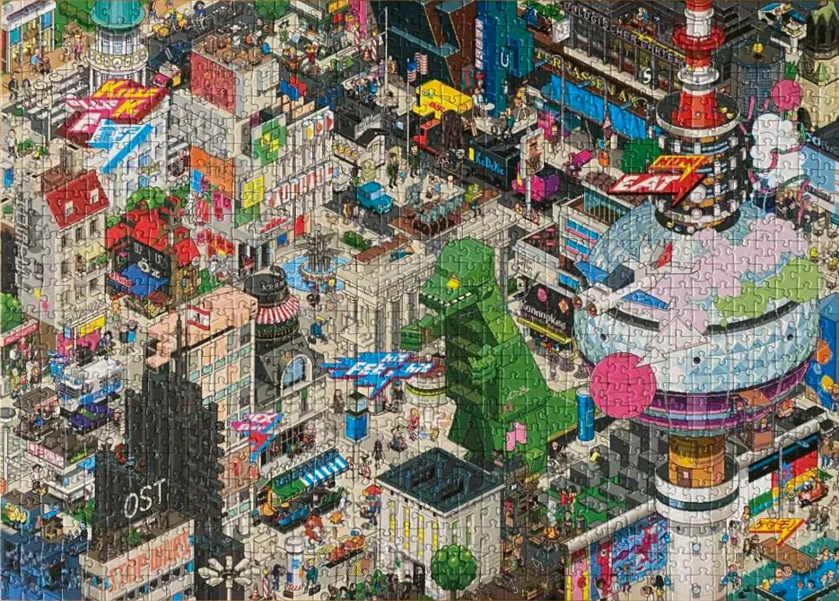 Isometric pixel art illustration of a bustling, futuristic Berlin cityscape featuring a large green dinosaur.