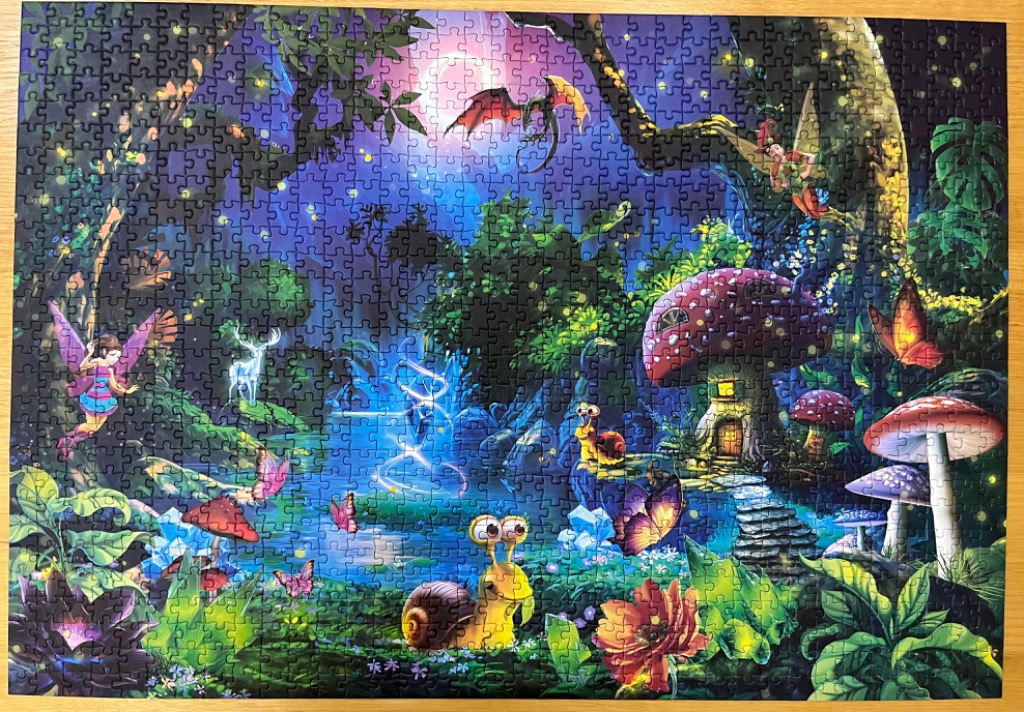 A vibrant fantasy illustration of an enchanted forest with fairies, a small dragon, snails, and glowing mushrooms.