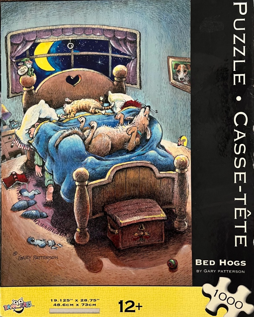 Cartoon illustration of a man being crowded out of his bed by his pets at night.