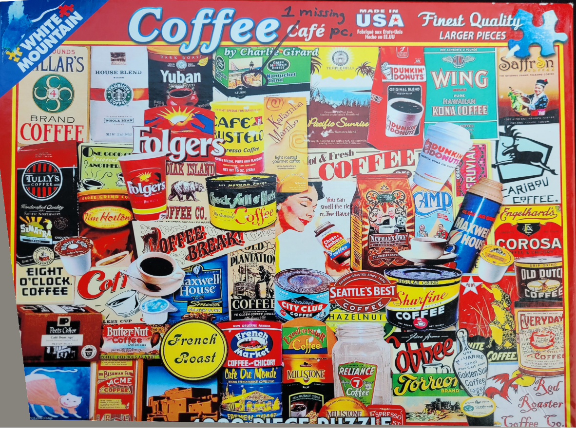 A collage of vintage and modern coffee brand advertisements, logos, and packaging materials.
