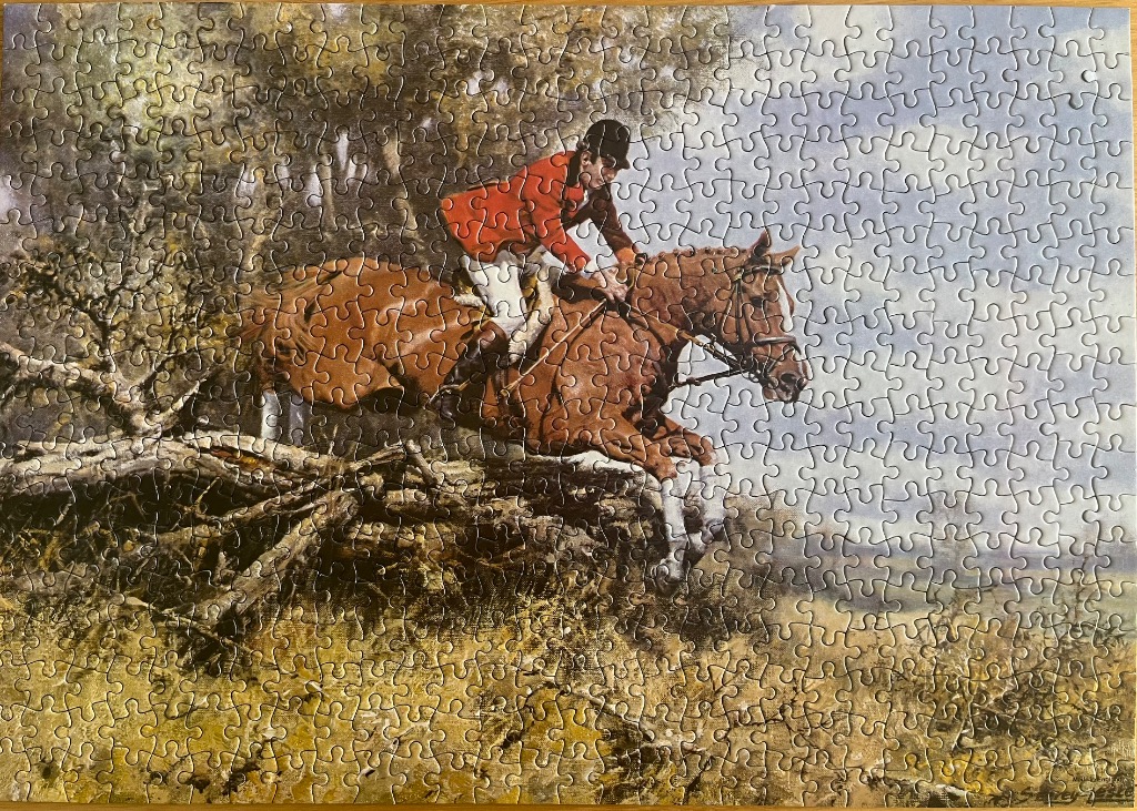 An oil painting of a horse and rider in traditional red hunting attire jumping over a wooden fence in the countryside.