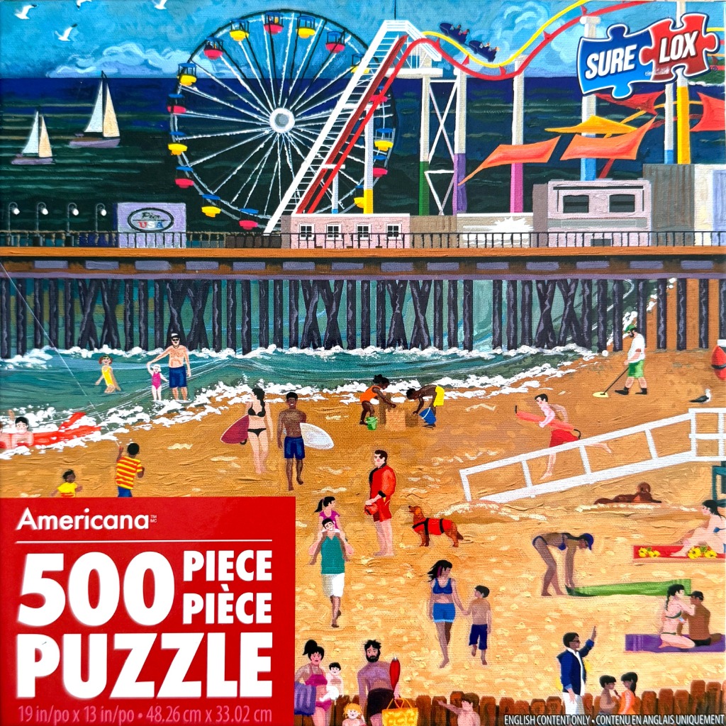 Oil painting of a busy beach scene underneath a pier with a ferris wheel and roller coaster above.