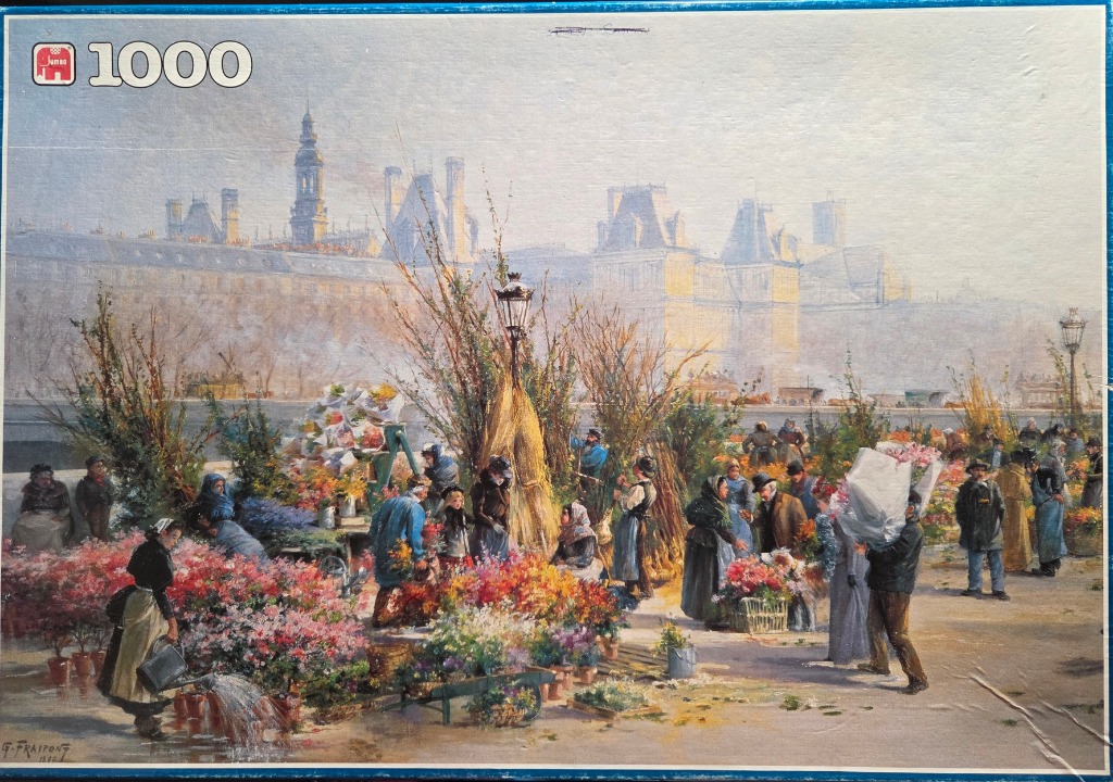 An oil painting of a busy flower market in 19th-century Paris with the Louvre in the misty background.