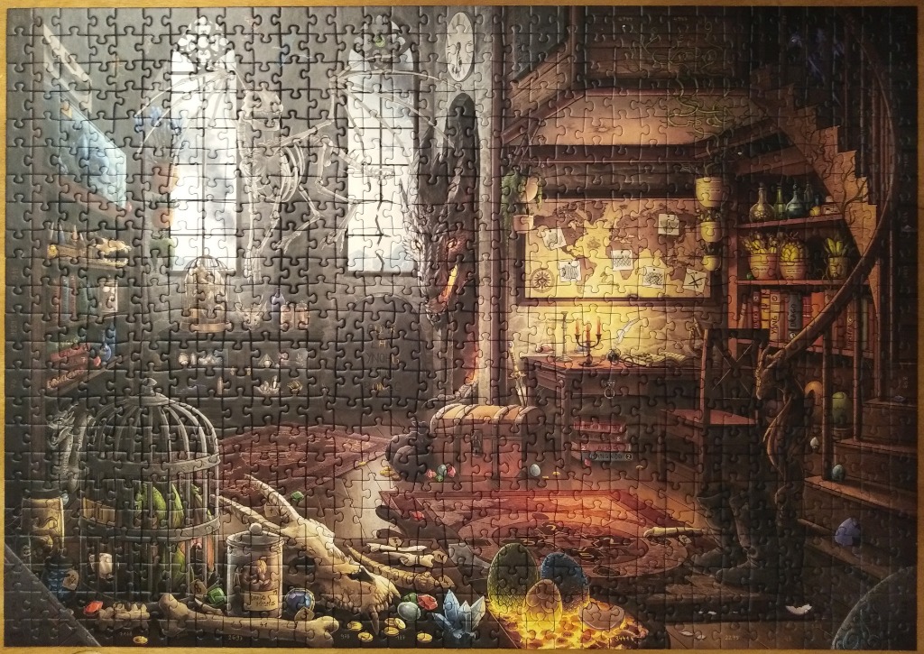 Fantasy alchemist's study with dragon skeleton, glowing eggs, and map.