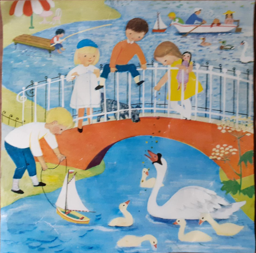 Illustration of children feeding swans and sailing a toy boat by a pond with a stone bridge.