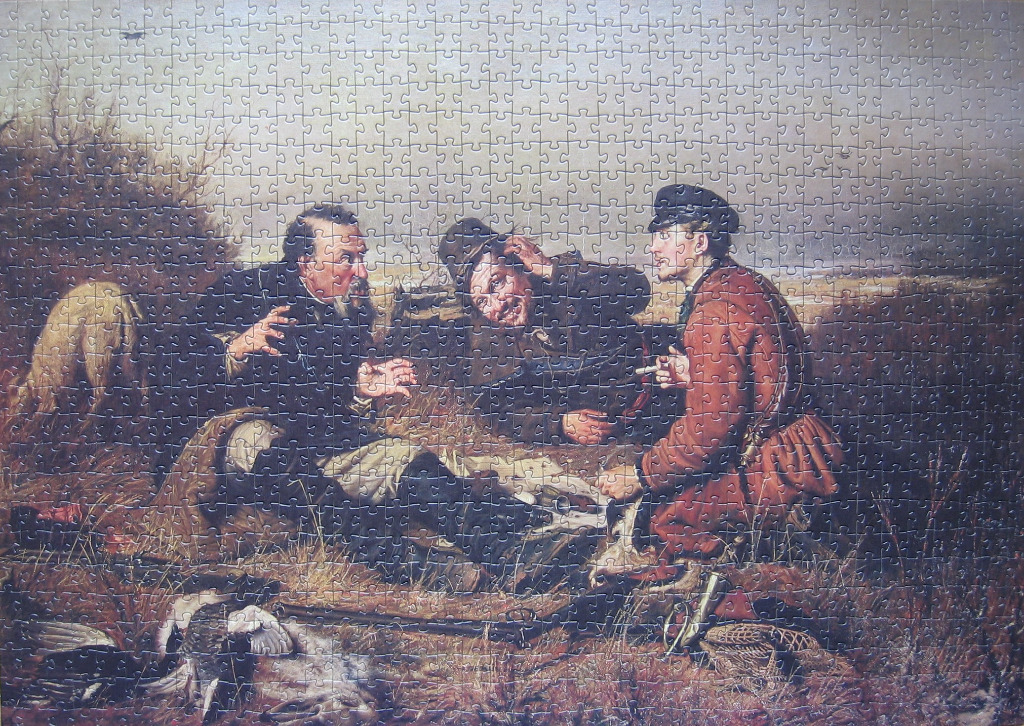 A realistic oil painting of three men in hunting attire sitting in a field with a dog and downed game.