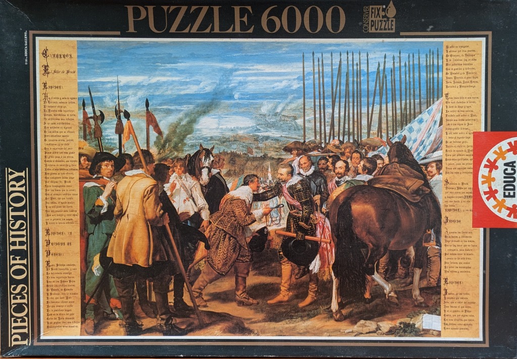 An oil painting depiction of the Surrender of Breda, featuring historical figures, lances, and a sprawling landscape.