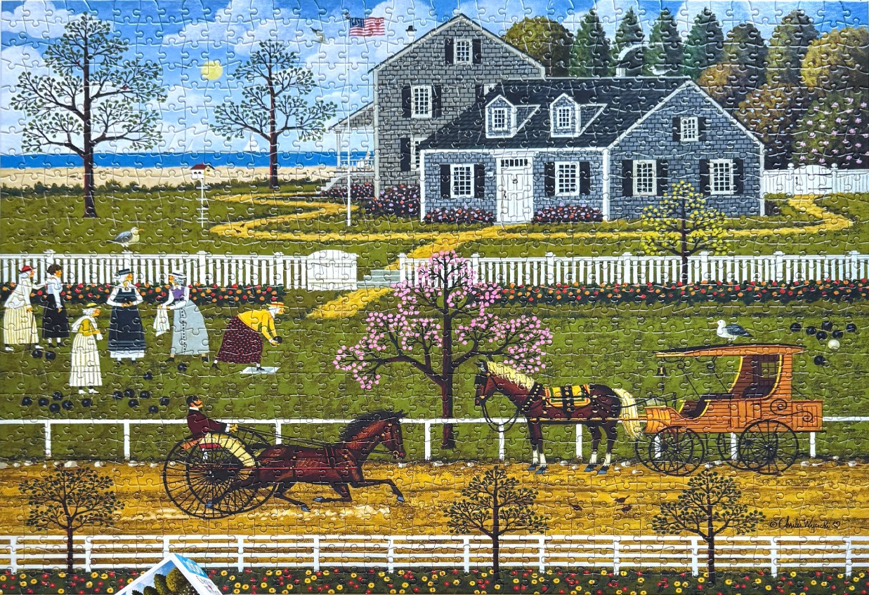 Folk art scene with a gray house, women playing bocce ball, and a horse-drawn carriage.