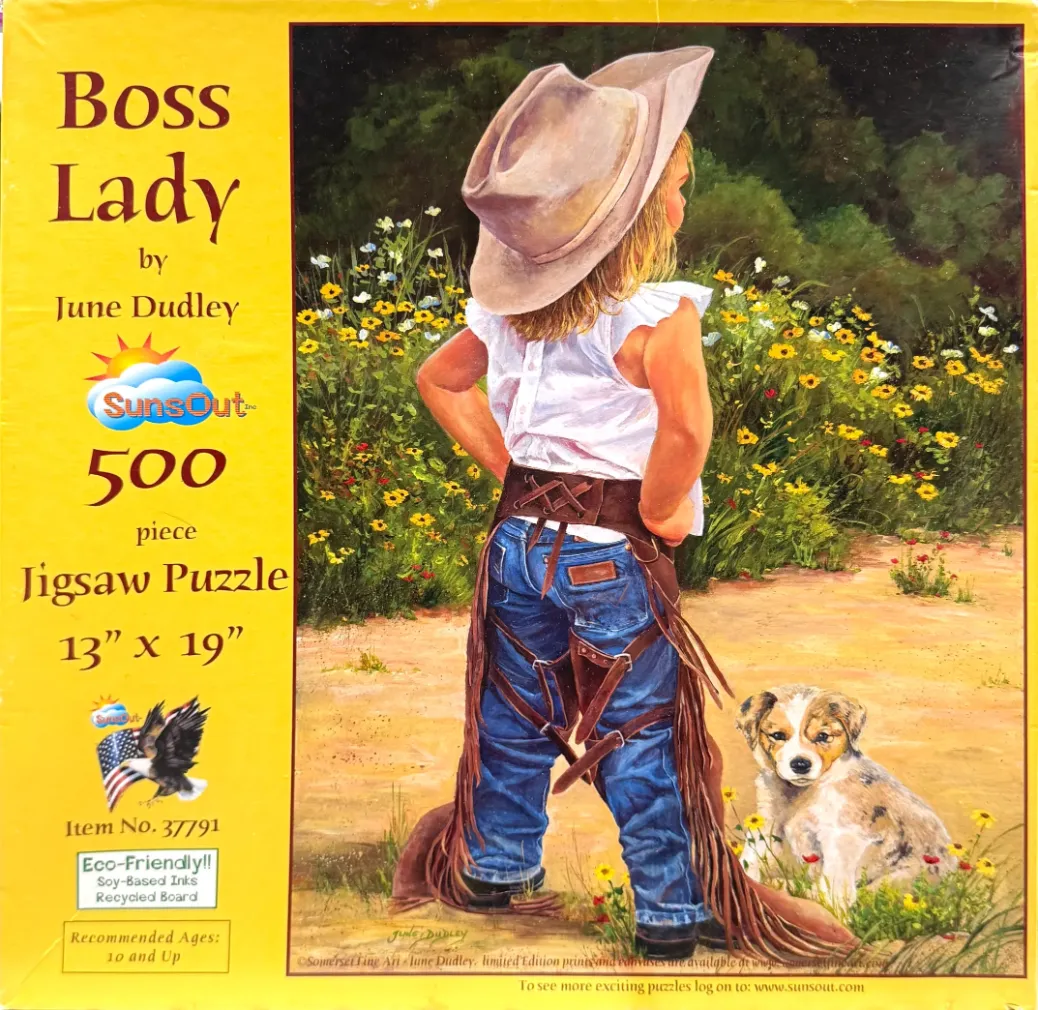 Painting of a young girl wearing a cowboy hat, western chaps, and jeans, standing with a puppy in a field of wildflowers.