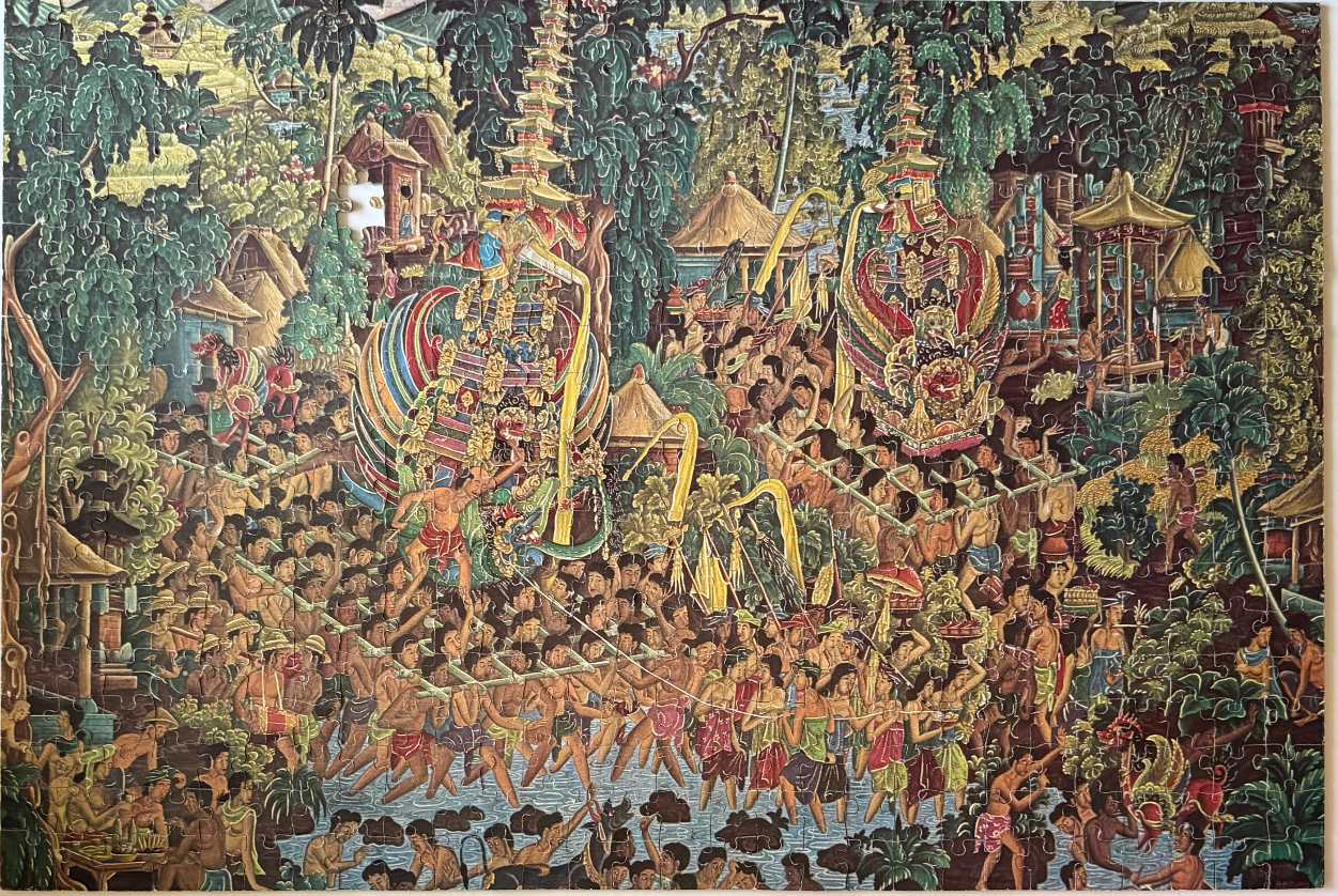 An intricate Balinese painting depicting a vibrant funeral procession with elaborate cremation towers and a large crowd.