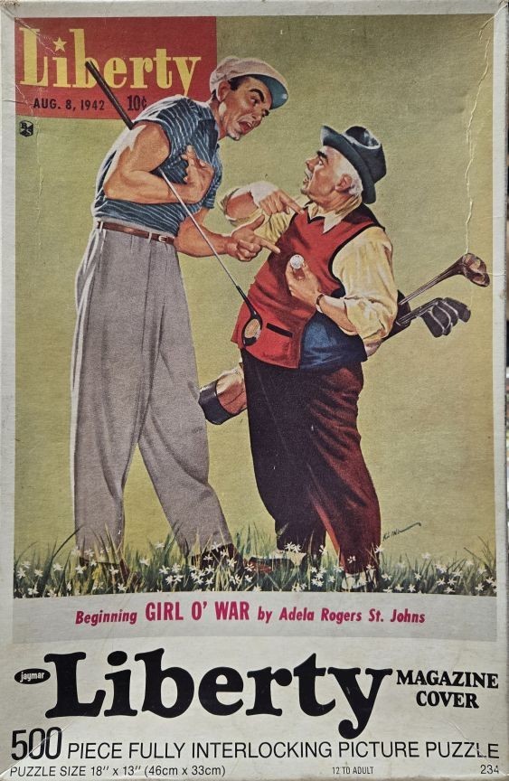 Vintage magazine cover illustration of two golfers having a humorous, animated argument on a golf course.