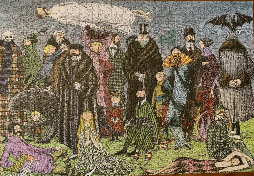An illustration of an eclectic crowd of Victorian-style characters in a park, with a ghost floating above.