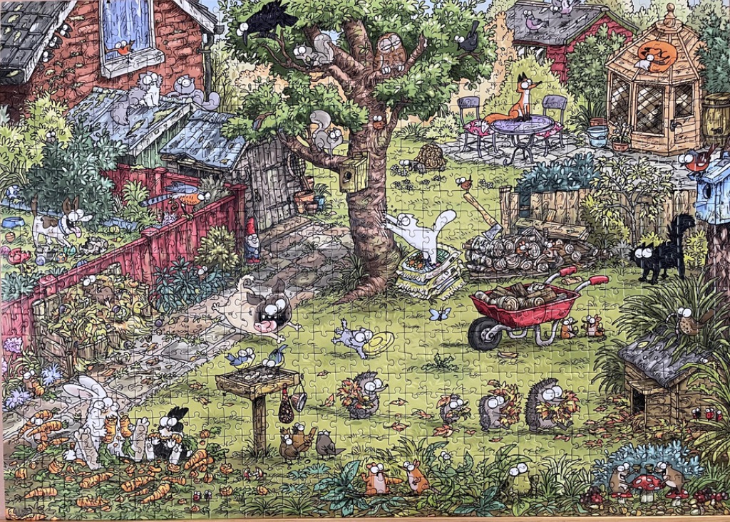 A cartoon illustration of a busy, animal-filled backyard garden.