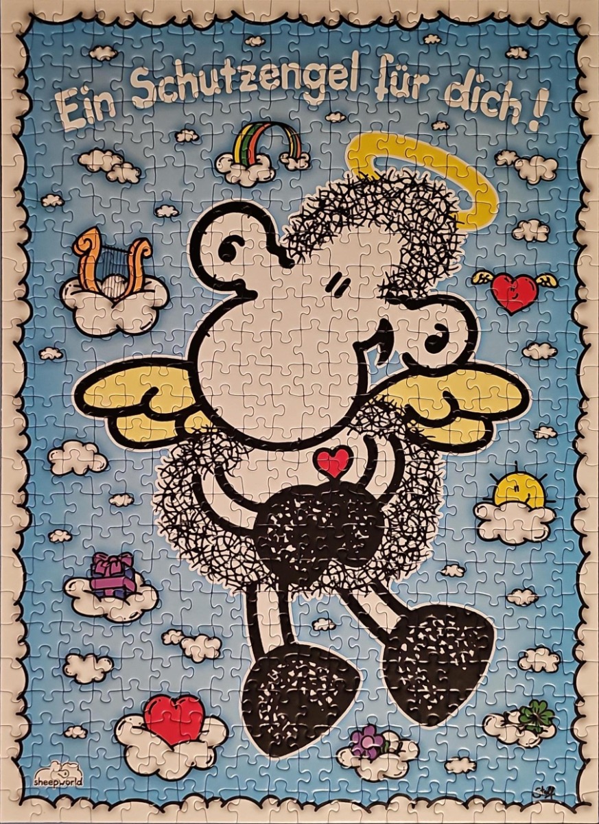 A whimsical illustration of a fluffy sheep angel floating in a blue sky with clouds and hearts.