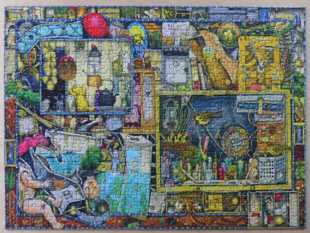 A complex, surreal collage illustration featuring stylized rooms and abstract household objects.