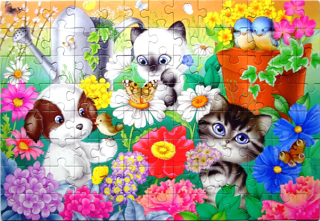 A cartoon illustration of a puppy, two kittens, and birds surrounded by vibrant flowers and a watering can.
