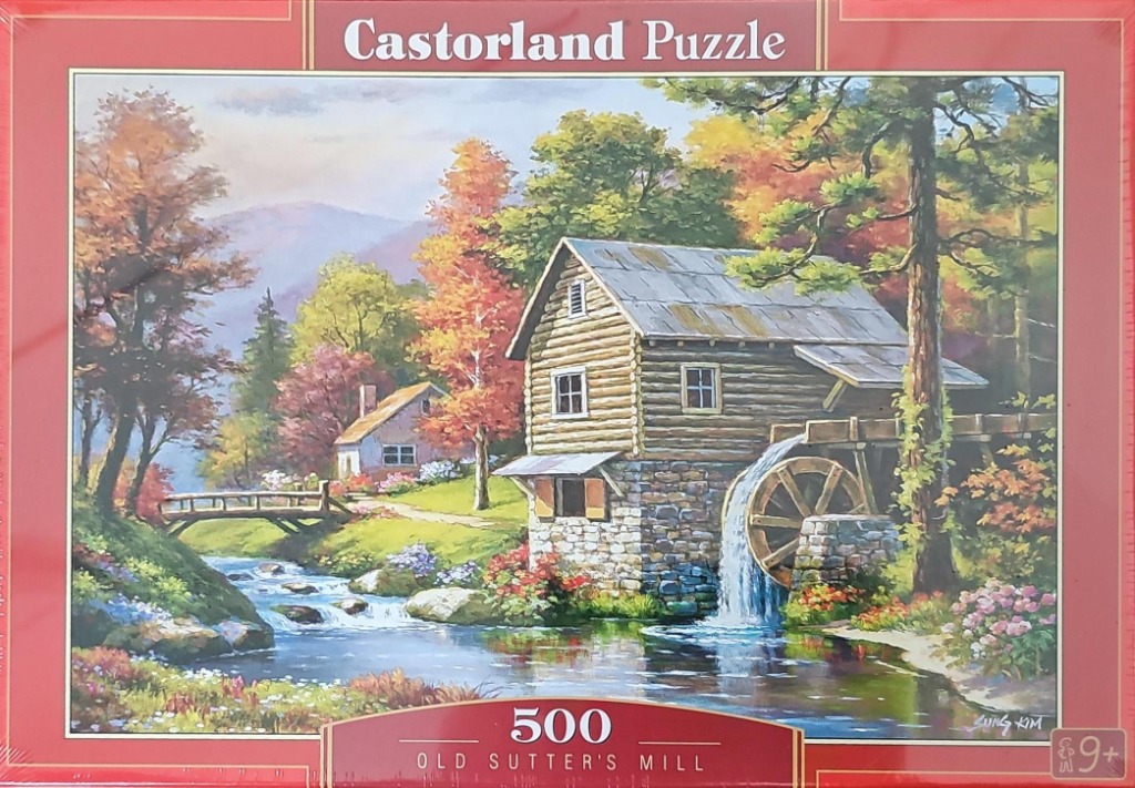 A peaceful landscape painting of a rustic wooden mill, a flowing stream, and autumn trees.