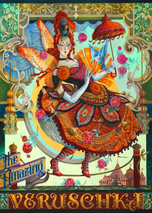 A whimsical illustration of a fairy-like figure with butterfly wings balancing on a tightrope above a circus tent.