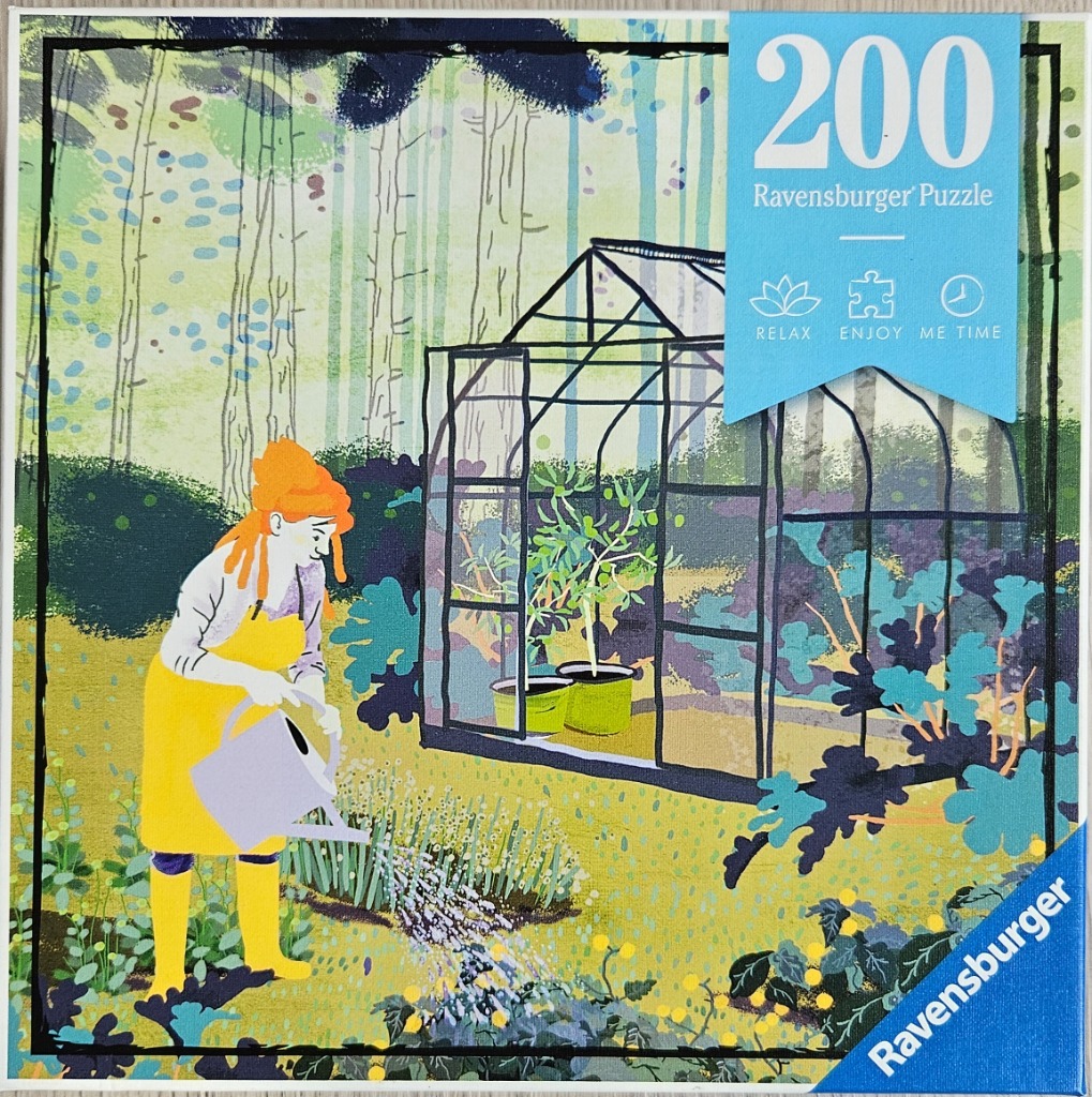 Illustration of a woman in a yellow apron watering a garden near a greenhouse in a wooded area.