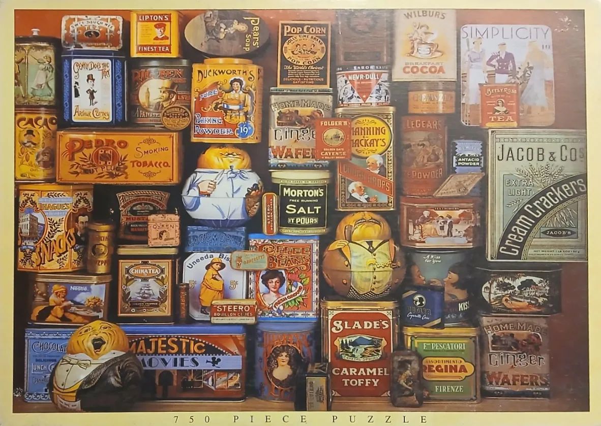 A collage of various vintage food and product tins, canisters, and containers.