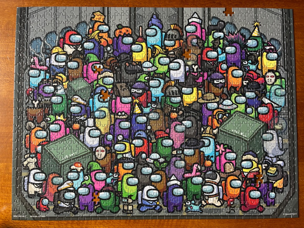 A dense illustration of dozens of colorful, uniquely accessorized space crewmate characters packed together.