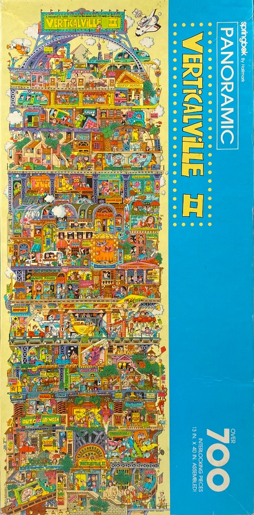 Detailed illustration of a tall, multi-level city structure with numerous rooms, shops, and quirky residents.