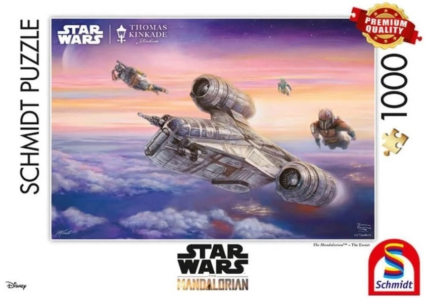 The Razor Crest starship flying through a sunset sky with Mandalorians soaring alongside it.