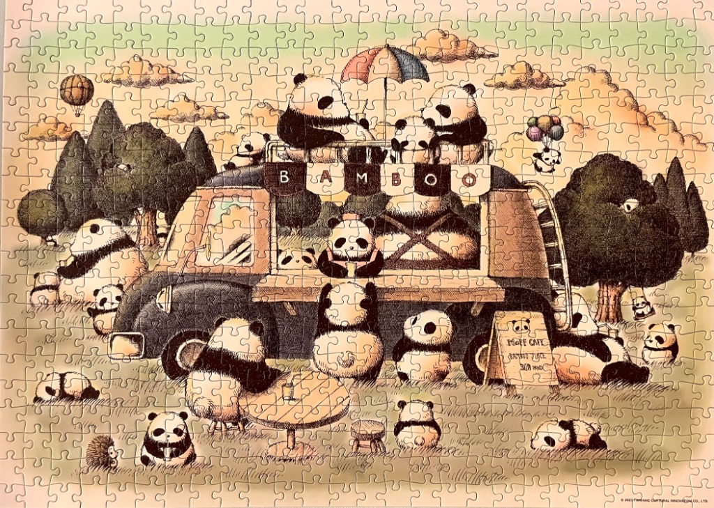 A whimsical illustration of pandas running a mobile bamboo cafe in a grassy field.