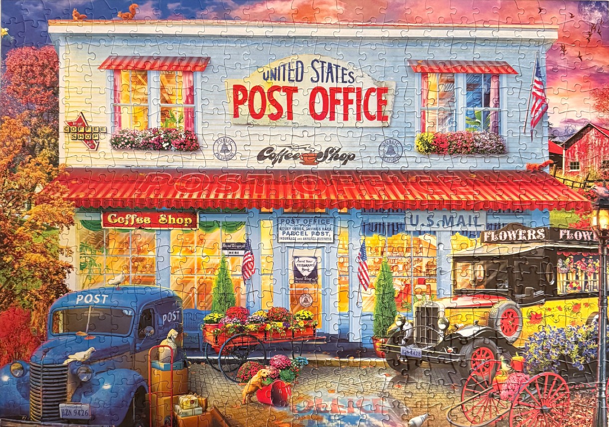 A nostalgic painting of a small-town American post office during an autumn sunset.