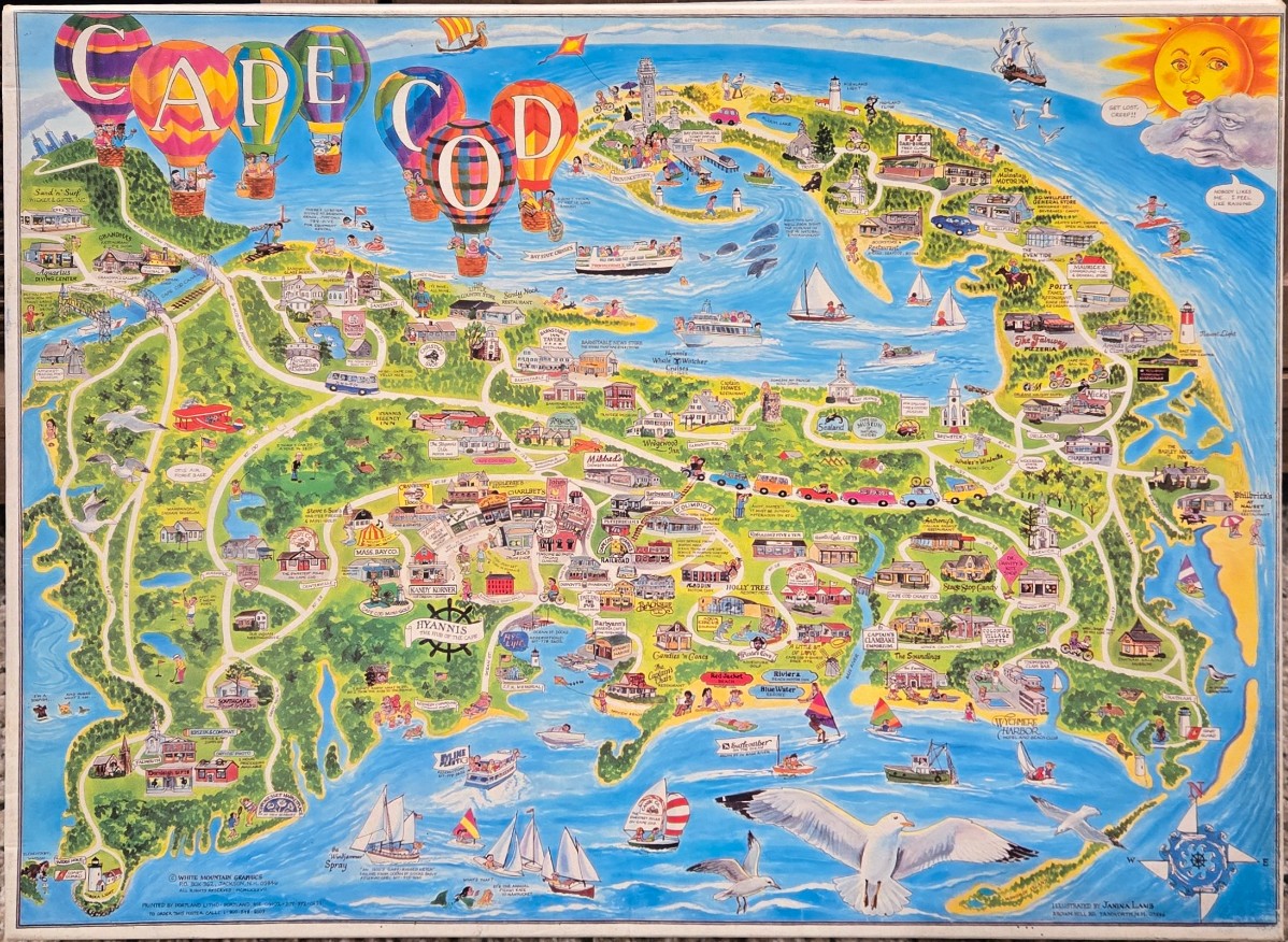 A whimsical illustrated map of Cape Cod featuring hot air balloons and various local landmarks.