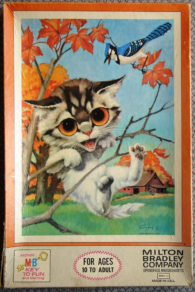 A whimsical illustration of a kitten with oversized eyes clinging to a branch near a blue jay in an autumn landscape.
