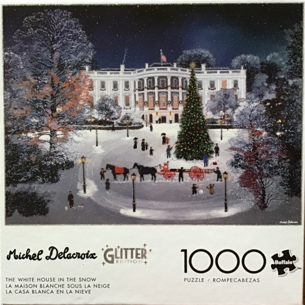 A night scene of the White House in winter, decorated for Christmas with a large tree and a horse-drawn carriage.