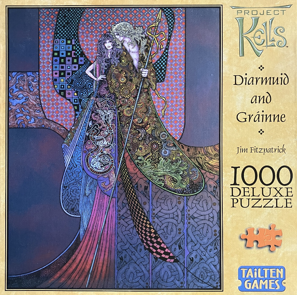 Artistic illustration of Diarmuid and Gráinne standing together in elaborate Celtic-inspired robes and patterns.