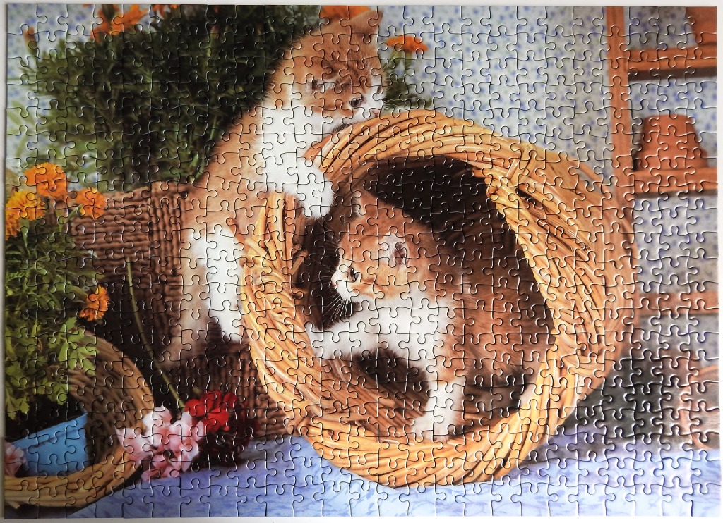 Two ginger and white kittens playing in and around a wicker basket surrounded by flowers.