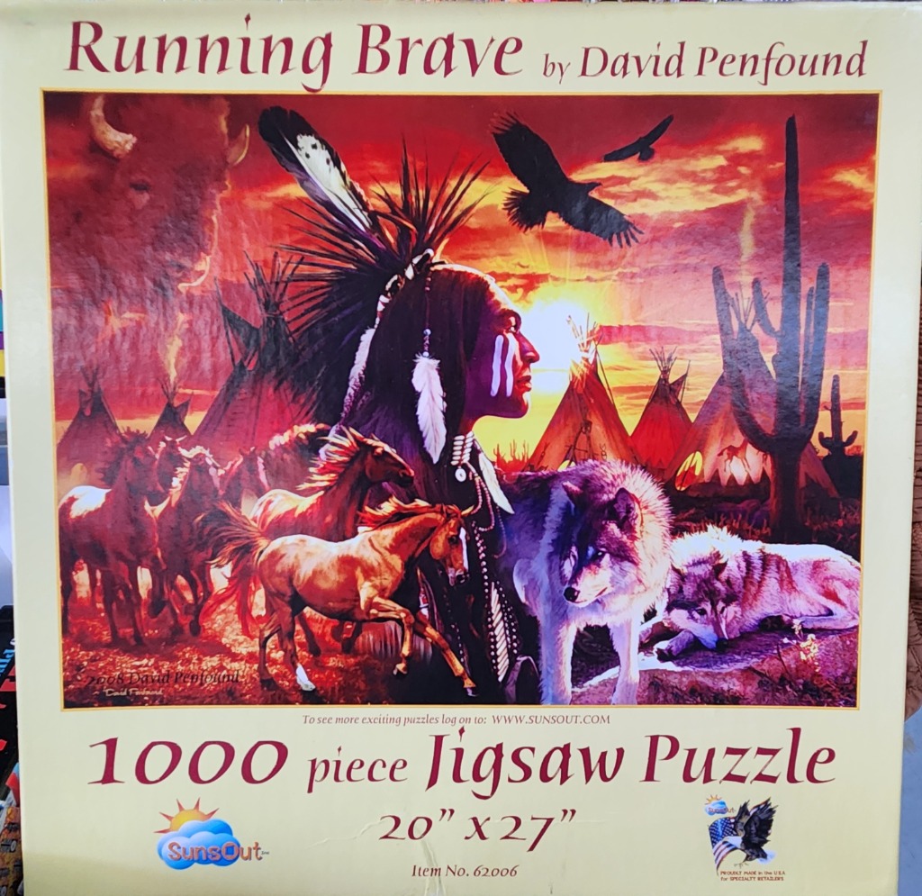 An illustration featuring a Native American man, horses, and wolves against a vibrant sunset sky.