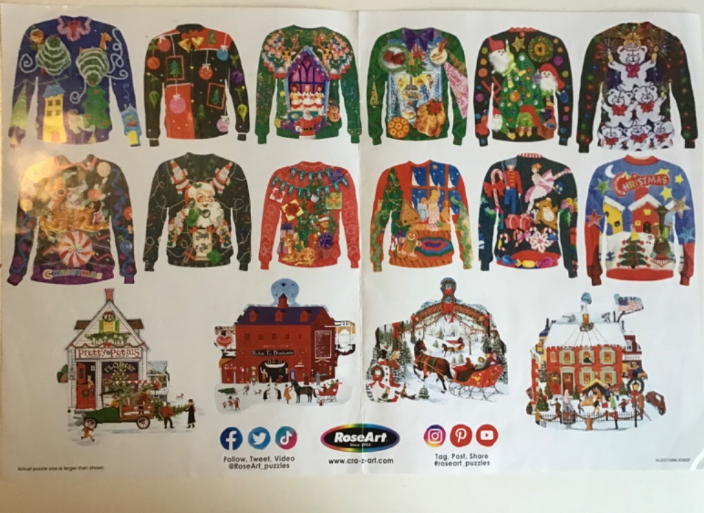 A collection of twelve festive Christmas sweaters and four holiday-themed town buildings arranged in a grid.