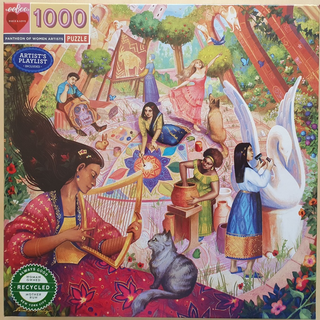 An illustration of diverse women creating art in a lush, sunlit, classical garden setting.