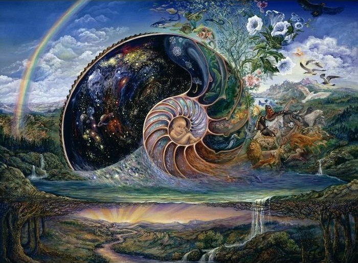 Surreal illustration of a giant nautilus shell floating above a landscape containing a baby, galaxies, and diverse wildlife.